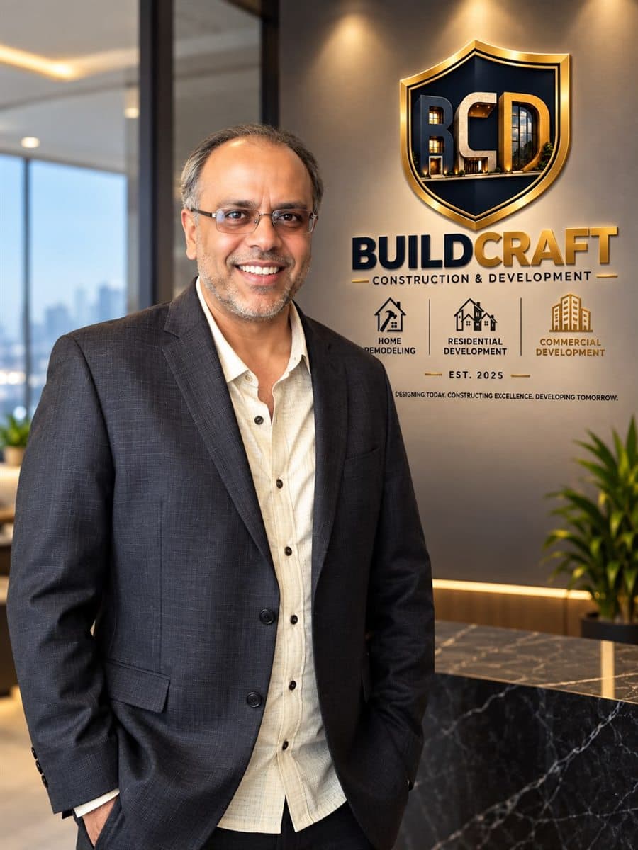 Irfan Saeed standing in the BuildCraft office in front of the company's logo wall